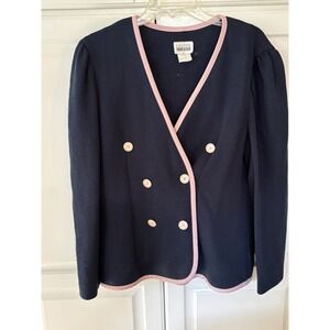 Leslie Fay Navy Pink Trim Double Breasted Cardigan Sweater Women Puff Sleeve L